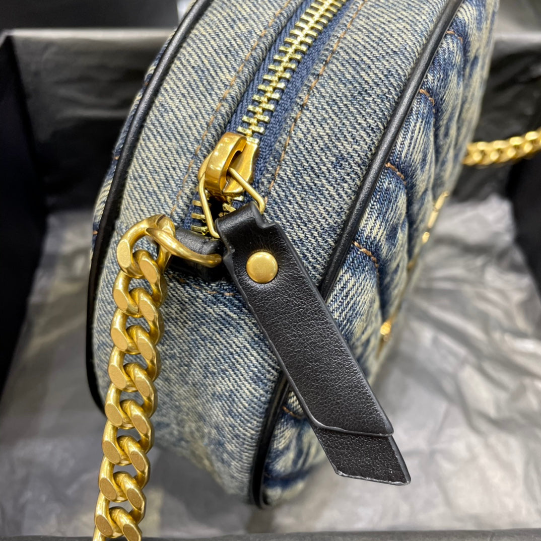 saint laurent Y*L women vinyle round camera bag in chevron-quilted denim and suede - image 3