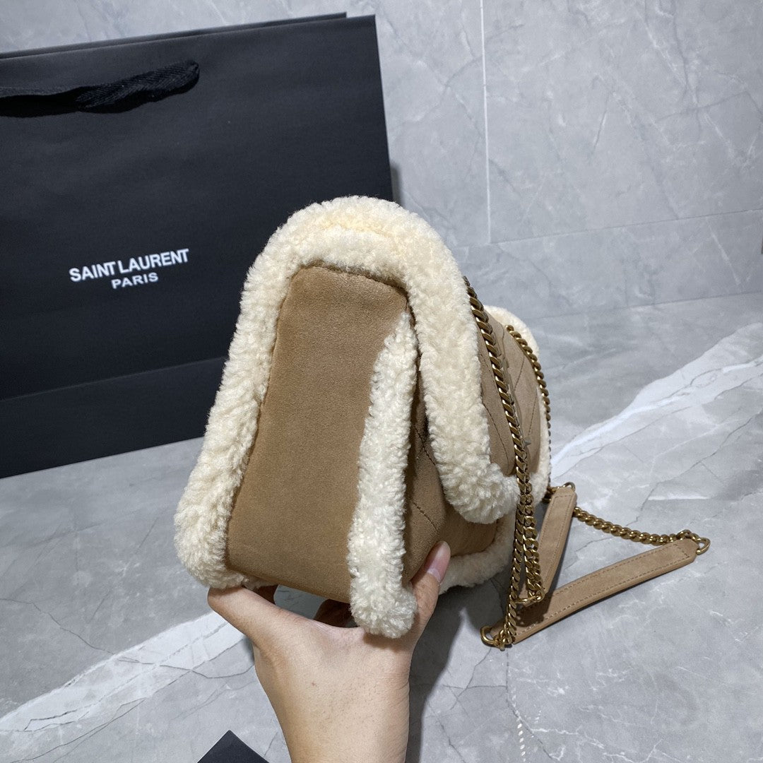 saint laurent medium niki shoulder bag in tan/cream nubuck and shearling brown beige - image 3