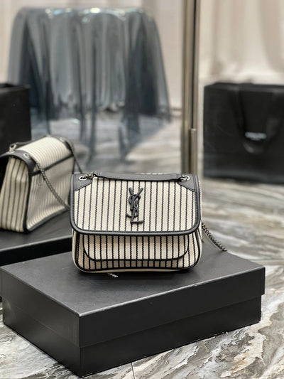 saint laurent cotton canvas striped vintage calfskin monogram medium niki chain satchel - image 3