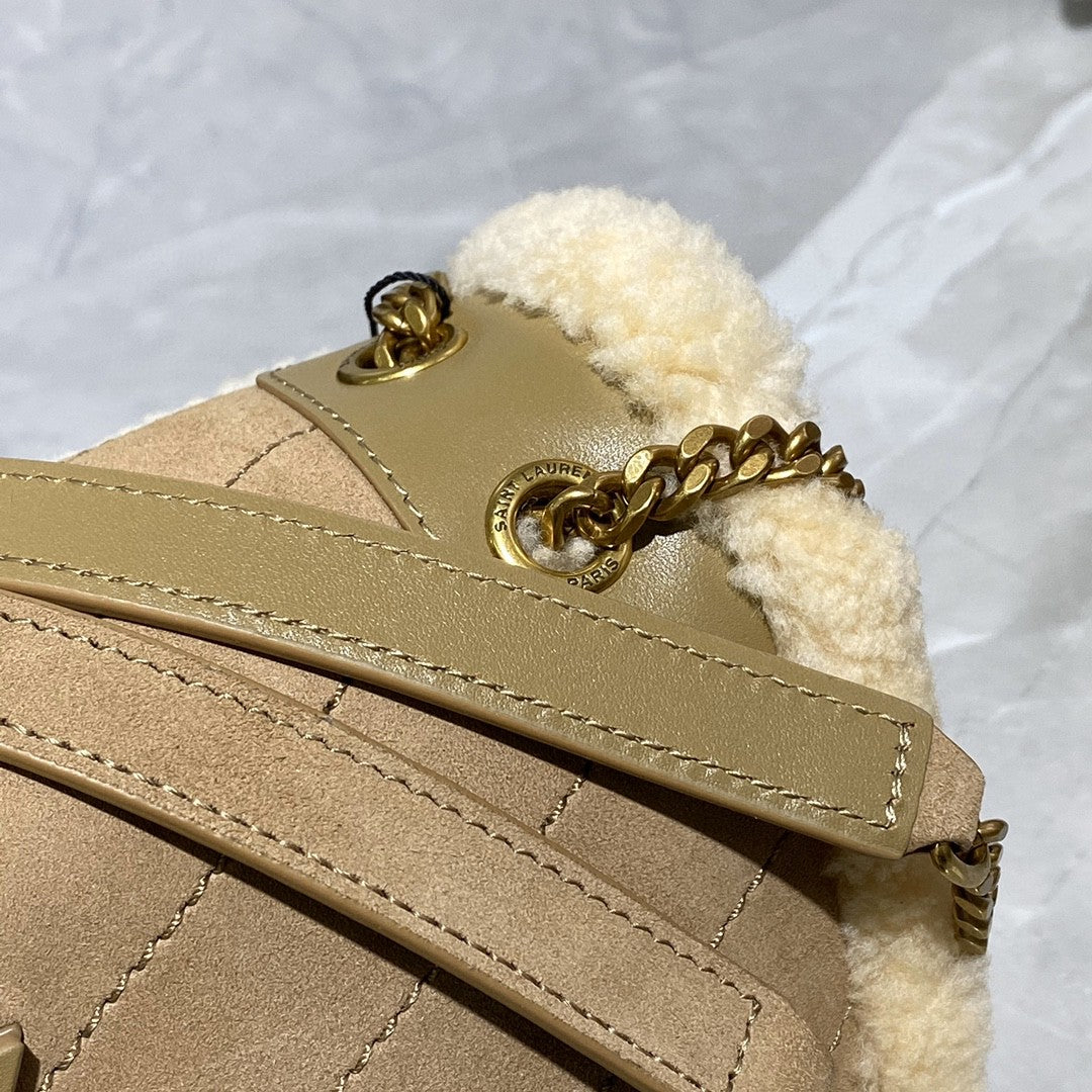 saint laurent medium niki shoulder bag in tan/cream nubuck and shearling brown beige - image 5