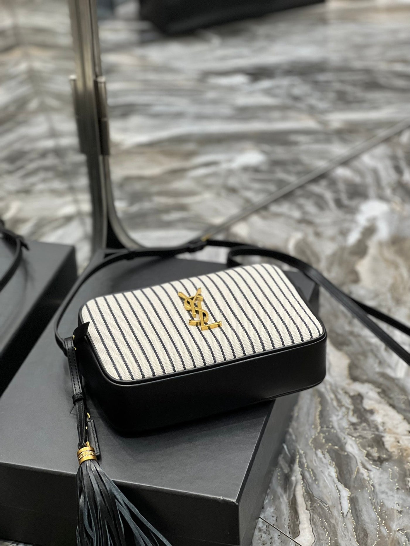 saint laurent lou medium Y*L striped canvas camera crossbody bag in grey cream - image 4