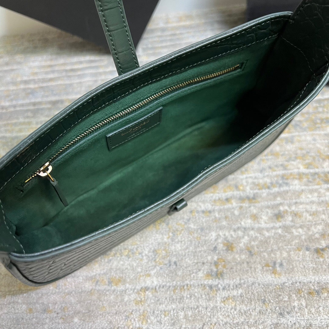 saint laurent le 5 à 7 green crocodile-effect leather shoulder bag in dark green - image 3