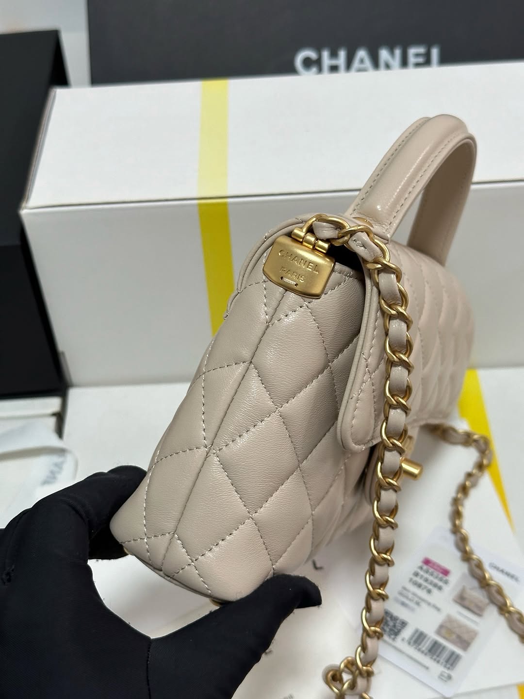 Chan*l beige leather small top handle flap bag - image 2