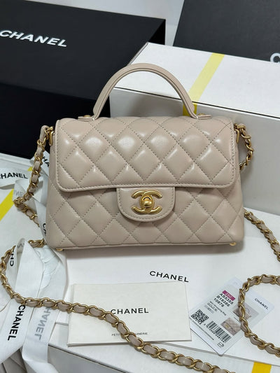 Chan*l beige leather small top handle flap bag - image 4