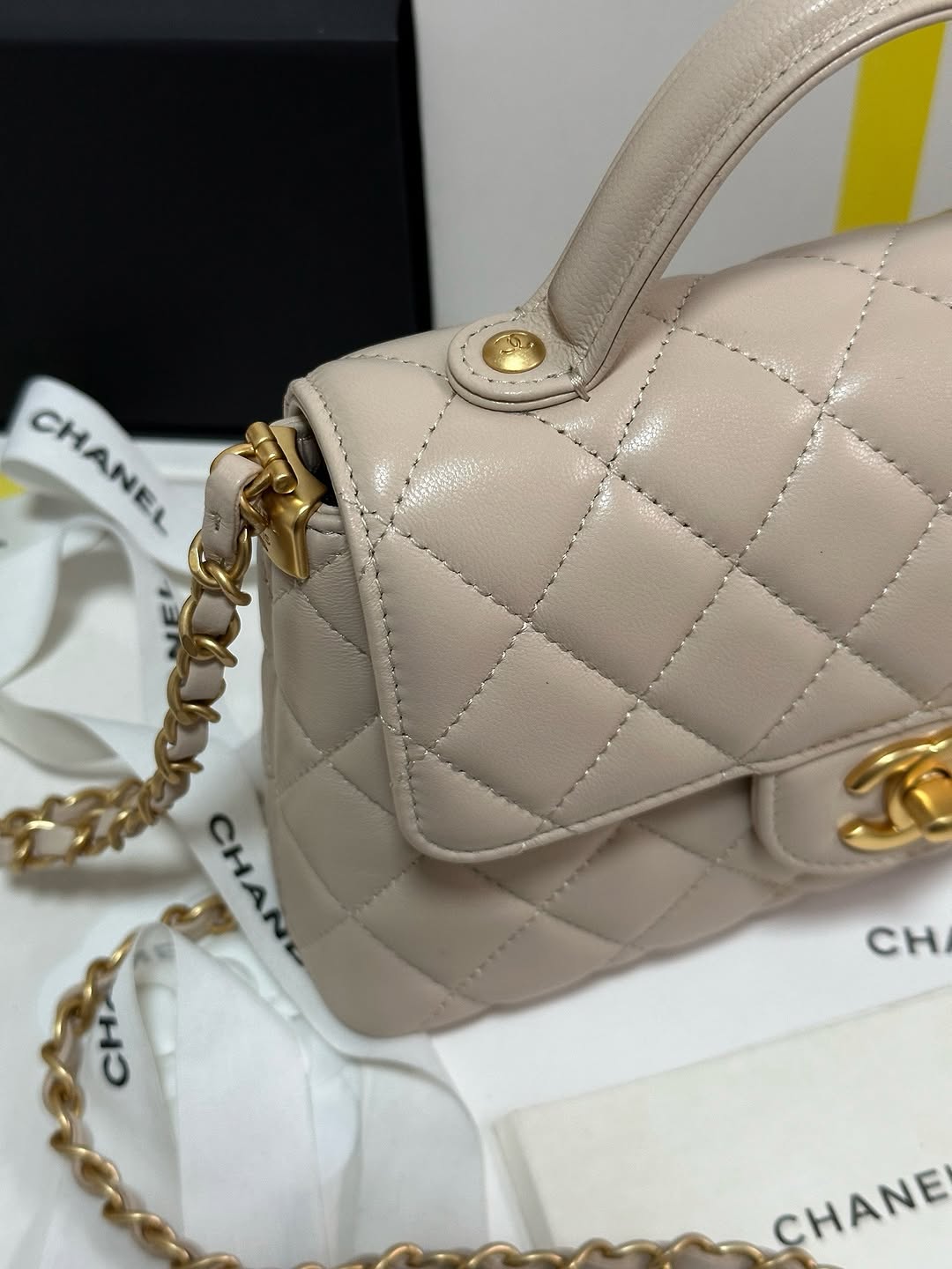 Chan*l beige leather small top handle flap bag - image 5