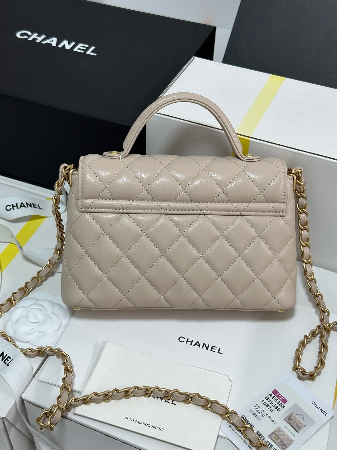 Chan*l beige leather small top handle flap bag - image 6