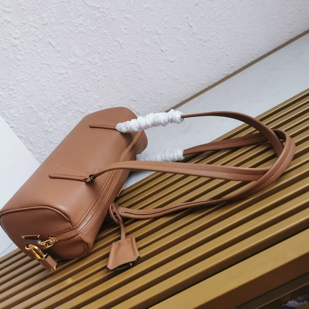 Pr*da caramel medium leather top-handle bag with padlock - image 4