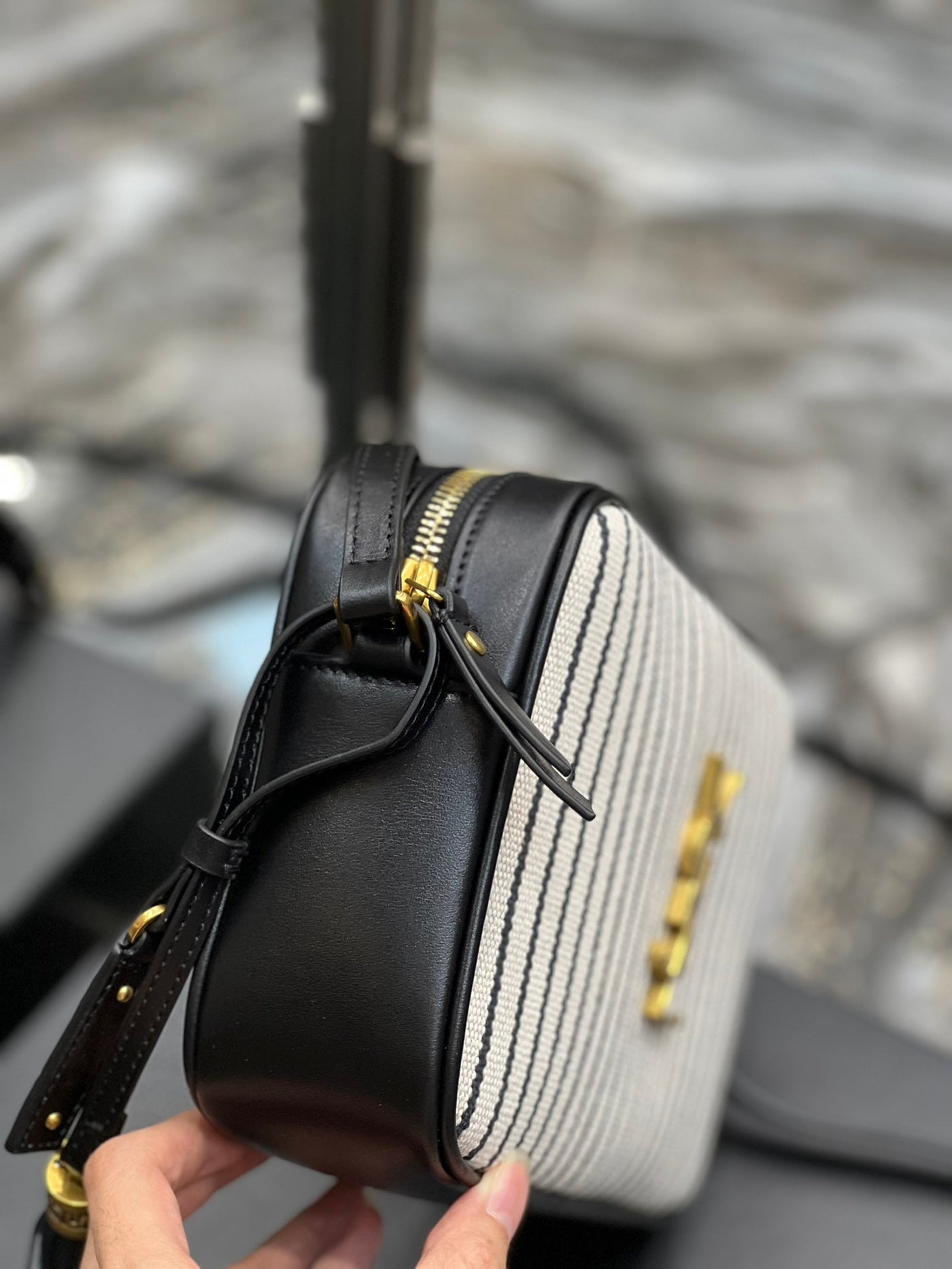 saint laurent lou medium Y*L striped canvas camera crossbody bag in grey cream - image 5