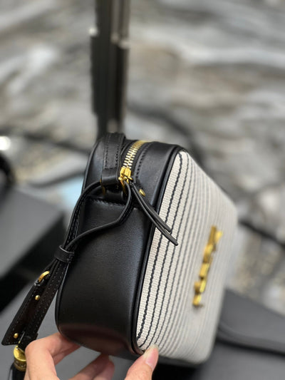 saint laurent lou medium Y*L striped canvas camera crossbody bag in grey cream - image 5