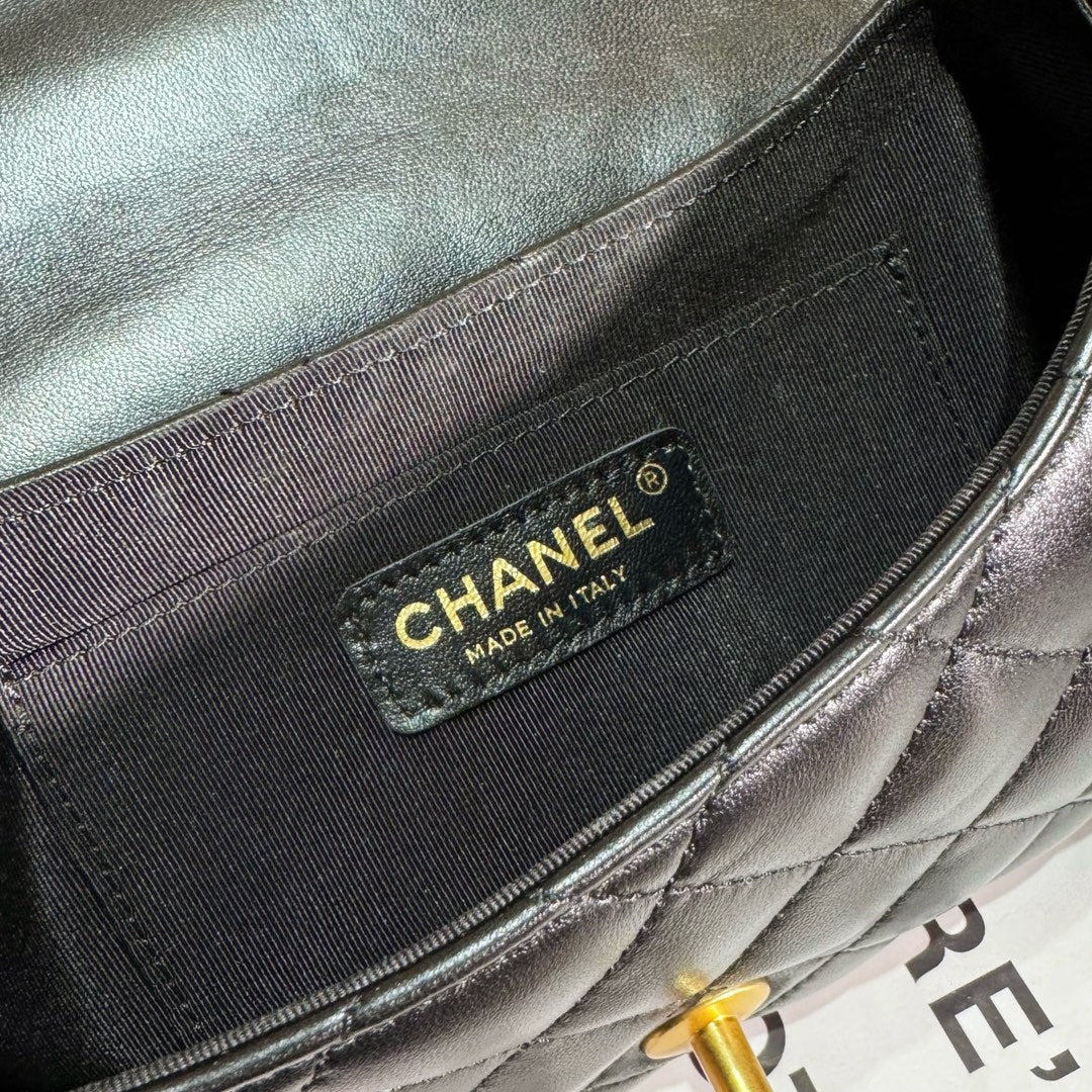 Chan*l 24c top handle flap bag in black lambskin - image 5