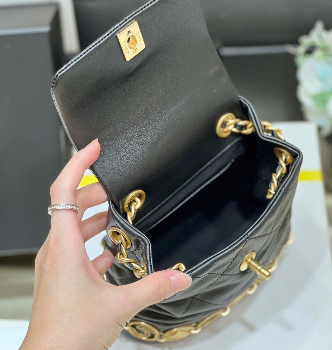Chan*l charm backpack replica 11 black smooth leather 18x18x8cm - image 3