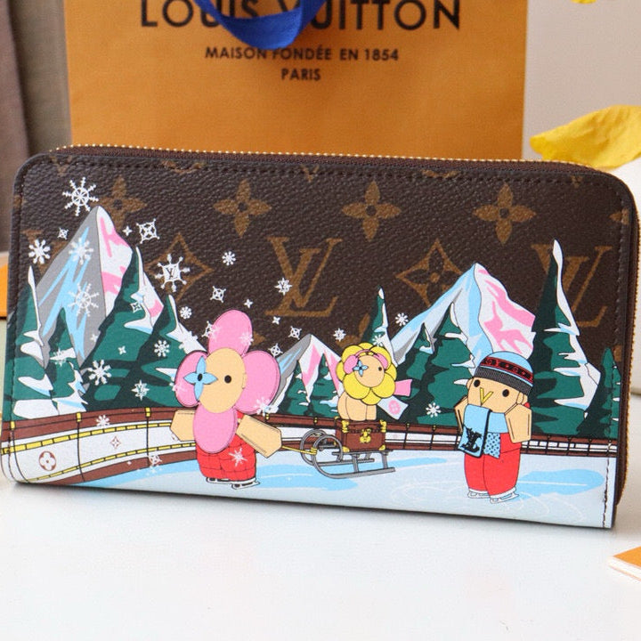 ZIPPY WALLET 19 CM IN BROWN MONOGRAM CALFSKIN WITH COLORFUL STICKER