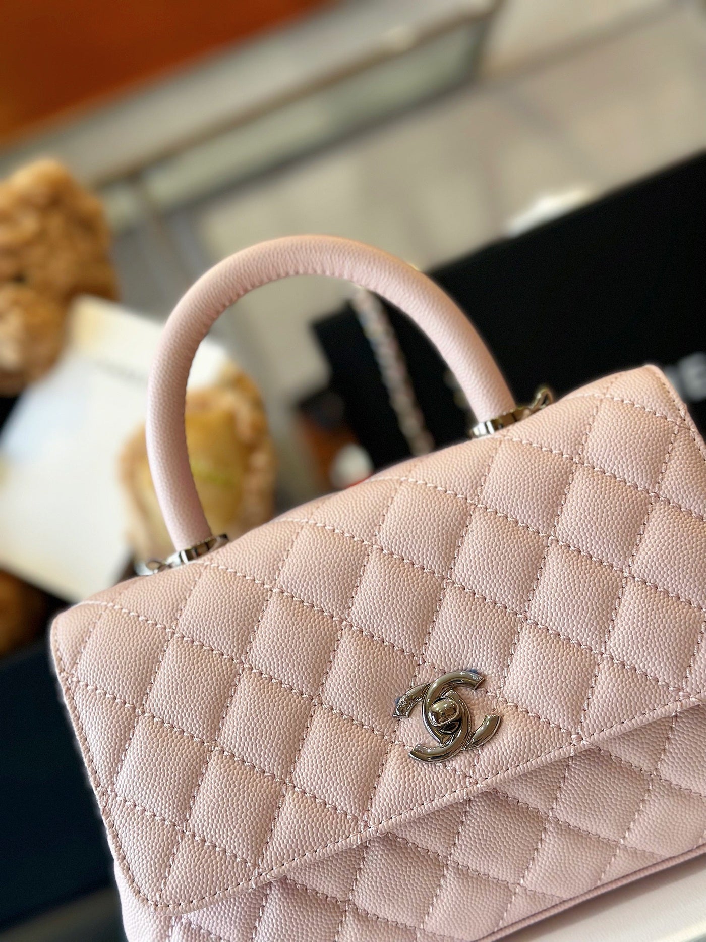 Chan*l coco handbags leather pink with silver lock 23cm - image 4