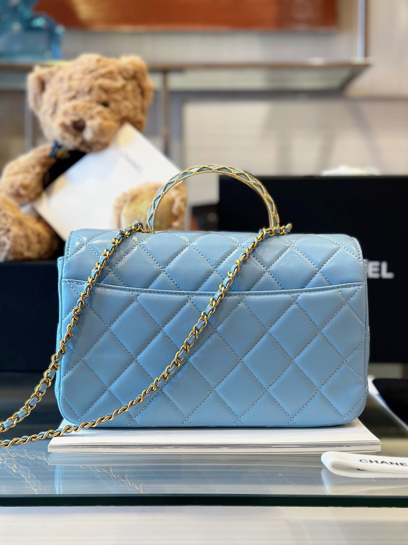 Chan*l coco mini handbag like auth blue smooth leather with lock gold 22x21cm - image 7