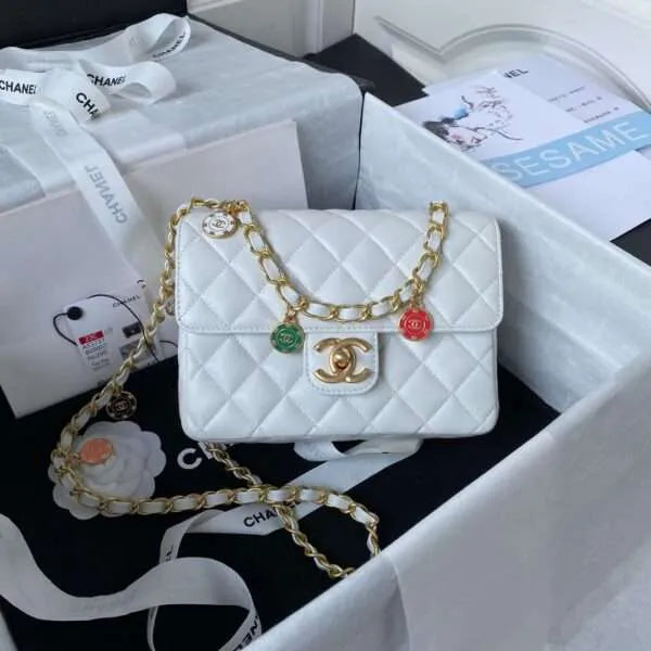Chan*l chain charm smooth leather replica 11 women’s handbag white 20cm - main image