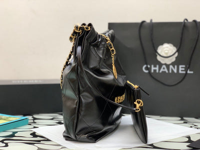 Chan*l 22 shiny calfskin shopping handbags black with wallet 22cm - image 7