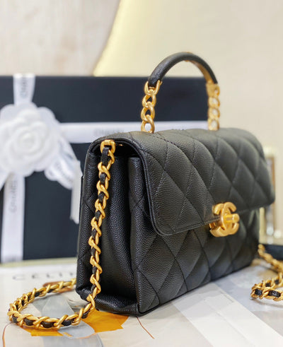 Chan*l handle woman’s black leather handbags pebbled leather 19cm - image 3