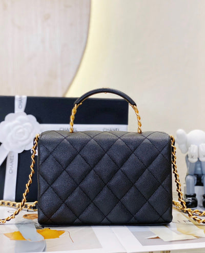 Chan*l handle woman’s black leather handbags pebbled leather 19cm - image 7