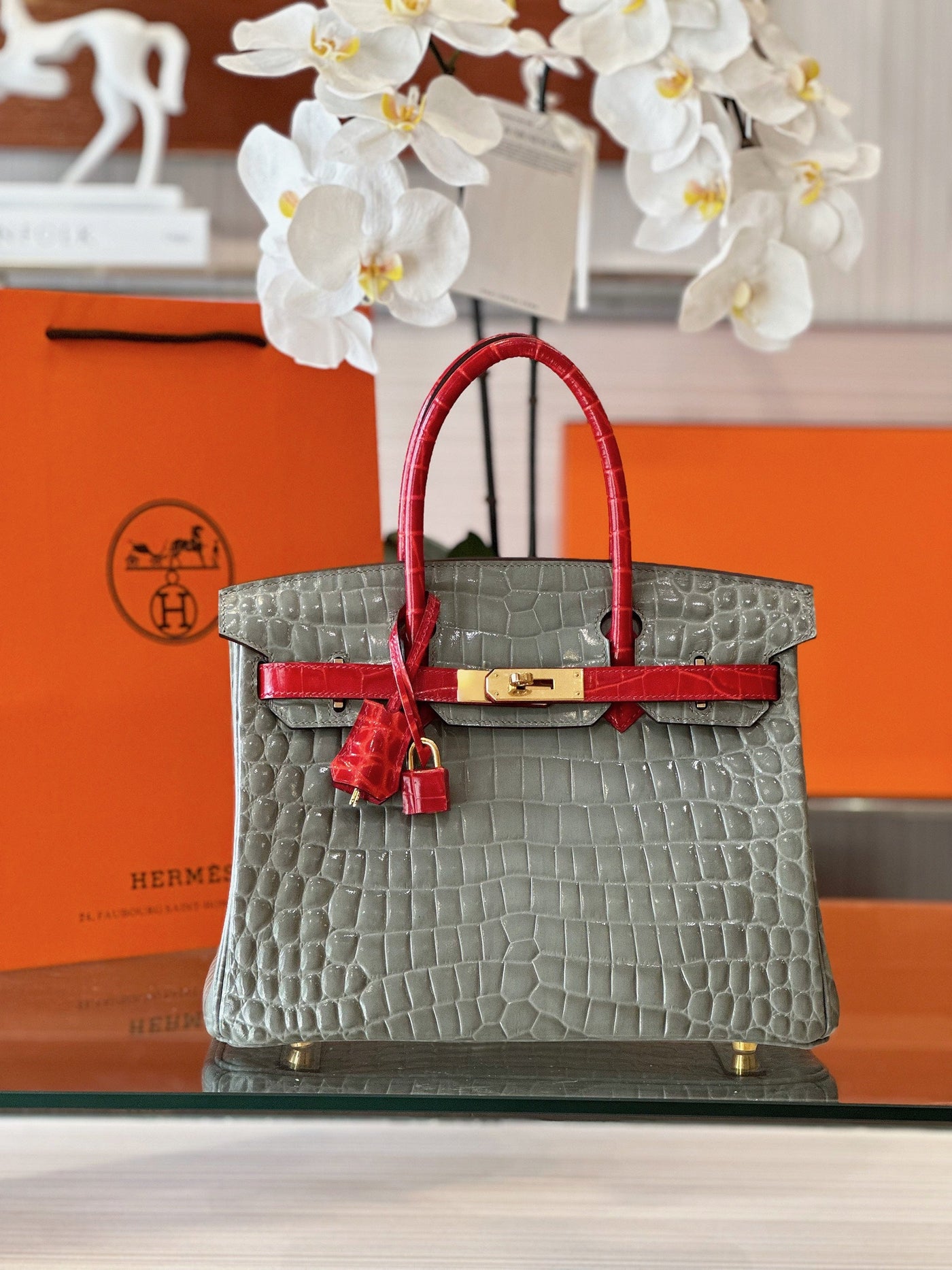 Herm*s birkin crocodile mix grey with red handle handbags woman’s 30cm - image 3