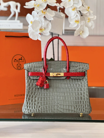Herm*s birkin crocodile mix grey with red handle handbags woman’s 30cm - image 3