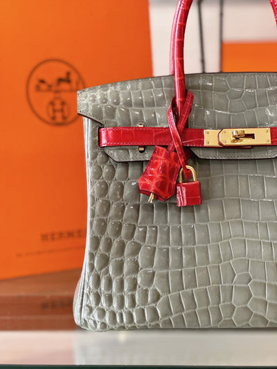 Herm*s birkin crocodile mix grey with red handle handbags woman’s 30cm - image 4