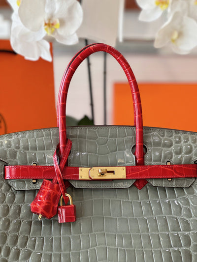Herm*s birkin crocodile mix grey with red handle handbags woman’s 30cm - image 5