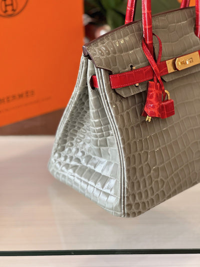 Herm*s birkin crocodile mix grey with red handle handbags woman’s 30cm - image 7