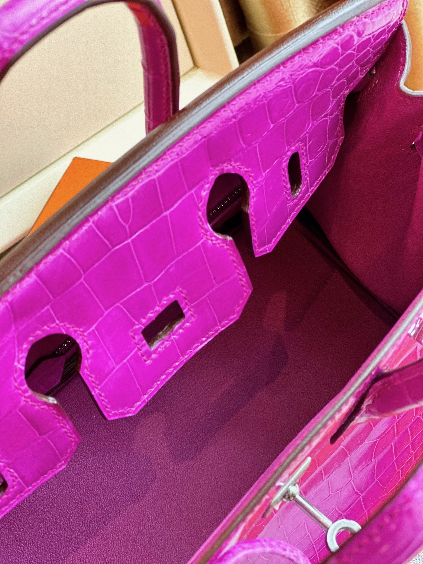 Herm*s birkin crocodile like auth handbags woman’s purple lock silver 25cm - image 3