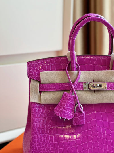 Herm*s birkin crocodile like auth handbags woman’s purple lock silver 25cm - image 7