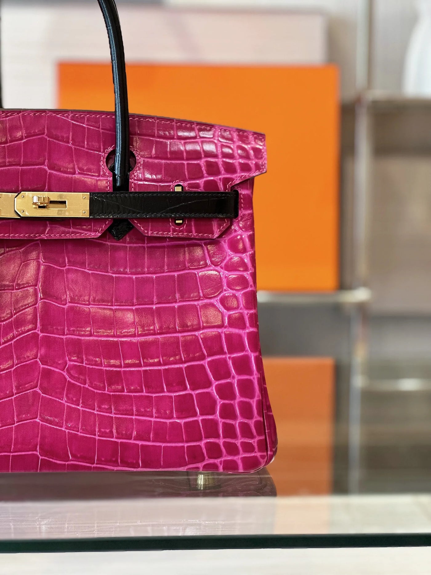 Herm*s birkin crocodile like auth woman’s pink with handle black handle 30cm - image 6