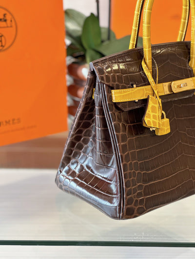 Herm*s birkin crocodile replica 1:1 handbags woman’s brown with handle yellow 30cm - image 2