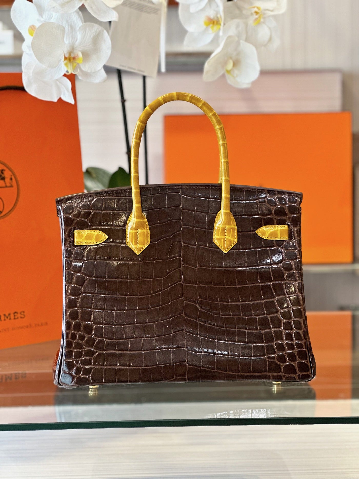 Herm*s birkin crocodile replica 1:1 handbags woman’s brown with handle yellow 30cm - image 3