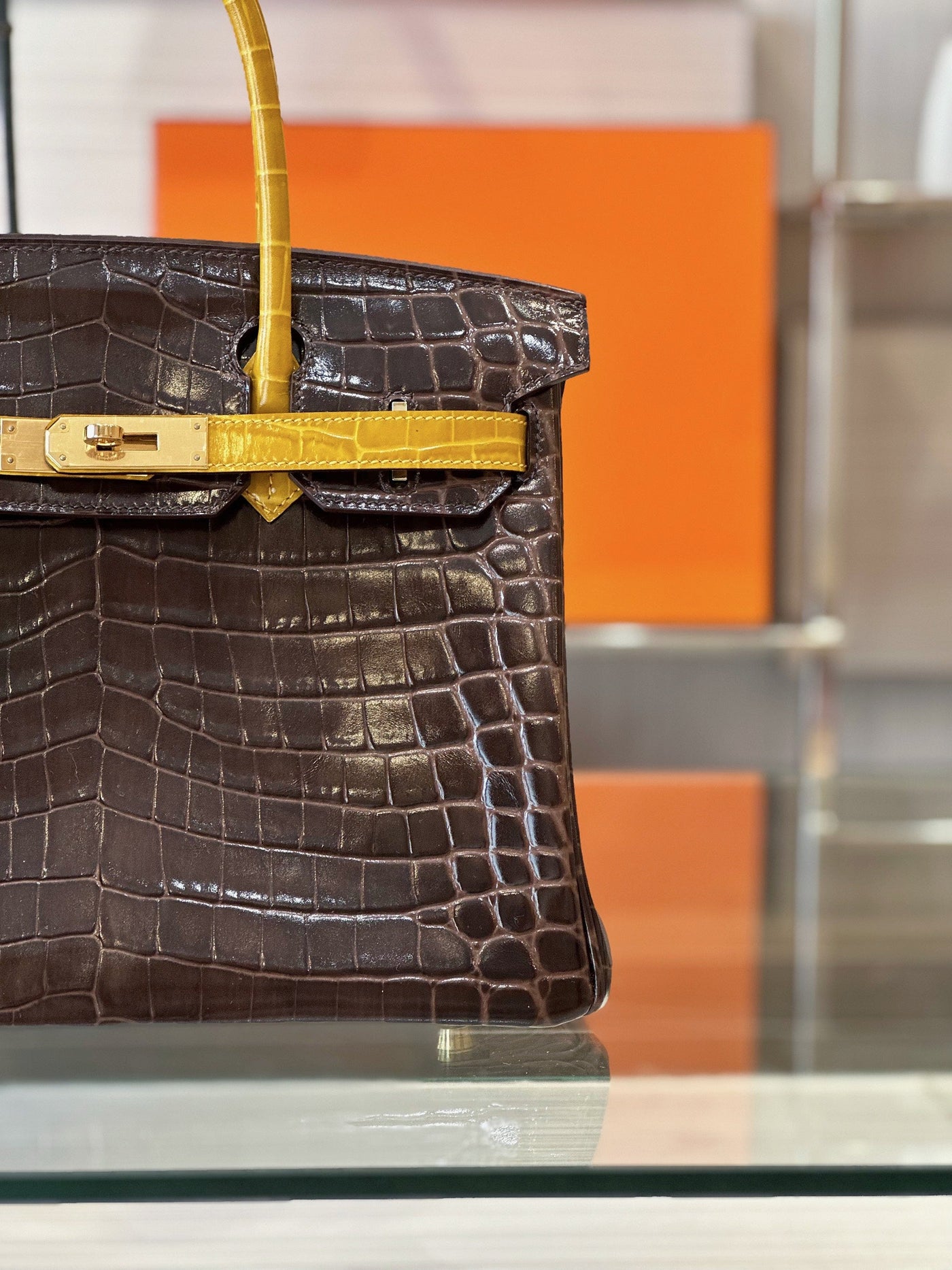 Herm*s birkin crocodile replica 1:1 handbags woman’s brown with handle yellow 30cm - image 4
