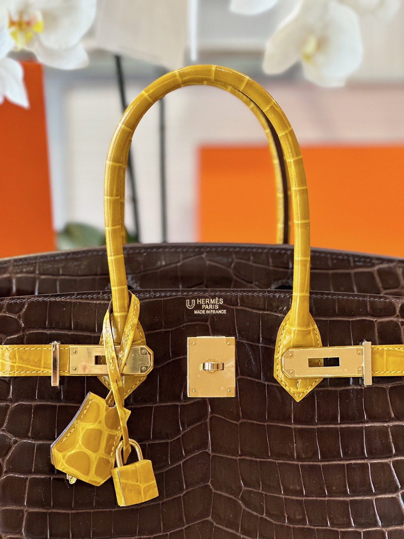 Herm*s birkin crocodile replica 1:1 handbags woman’s brown with handle yellow 30cm - image 6