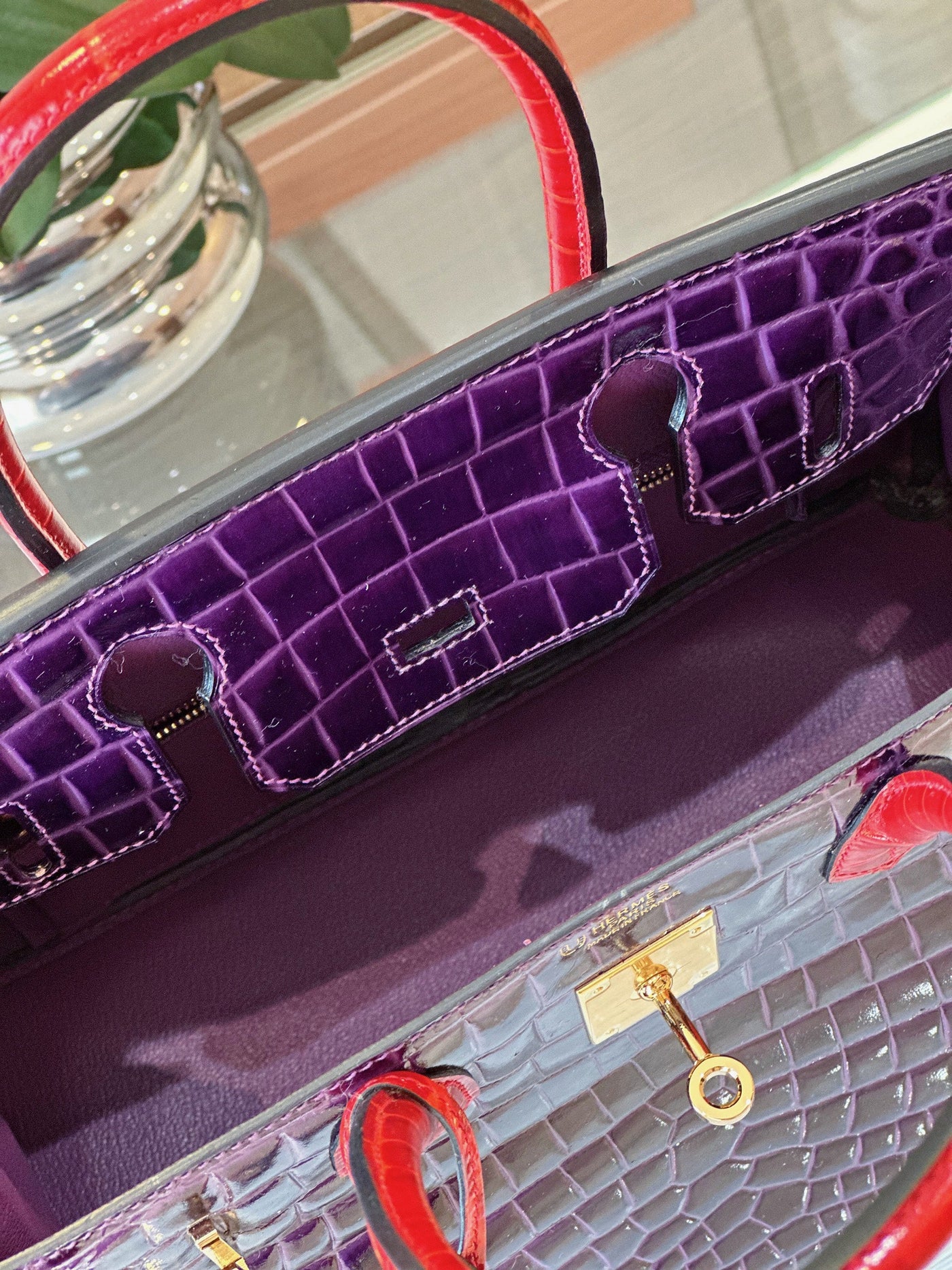 Herm*s birkin crocodile handbags purple with handle red woman’s 30cm - image 2