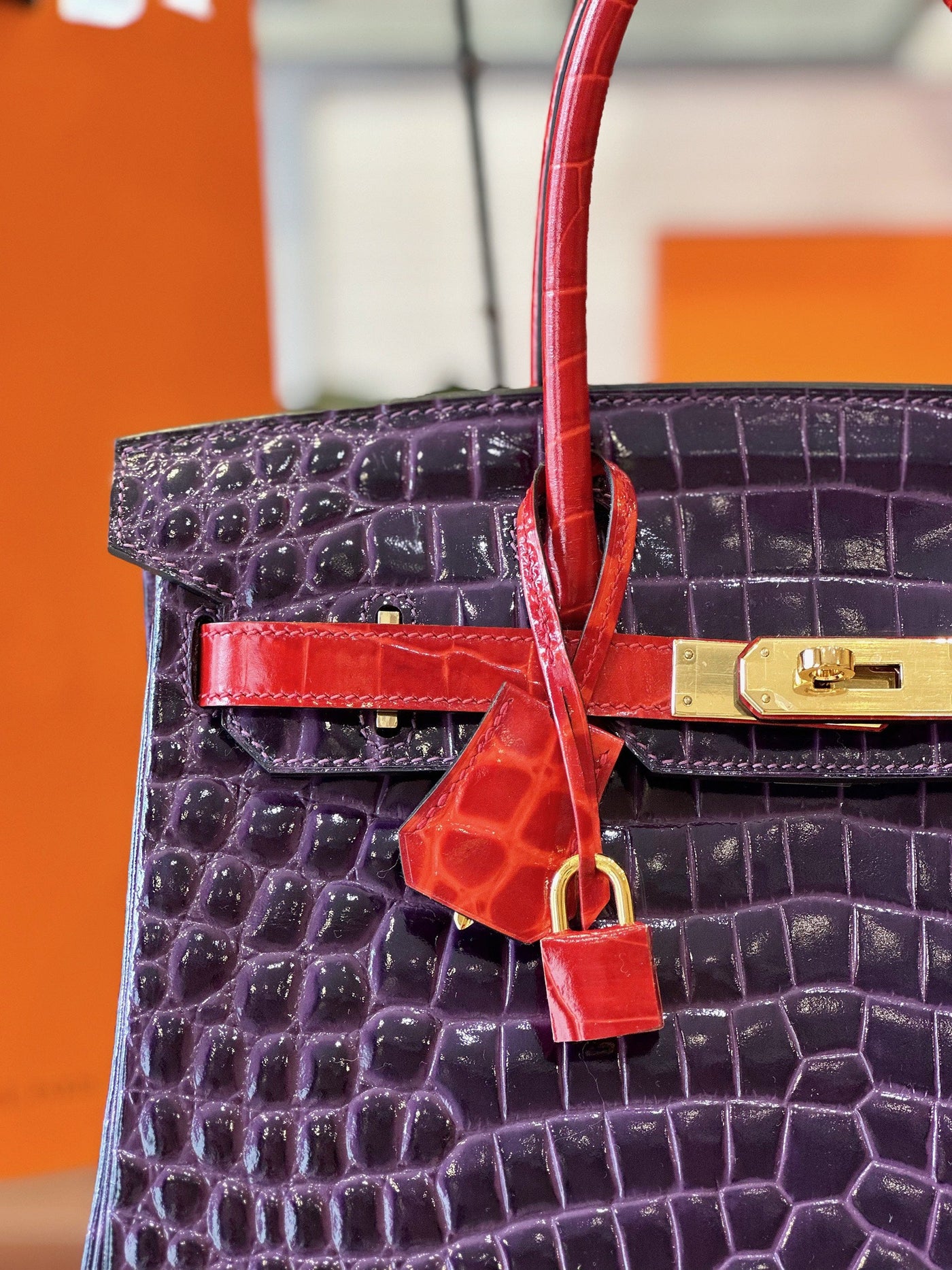 Herm*s birkin crocodile handbags purple with handle red woman’s 30cm - image 3