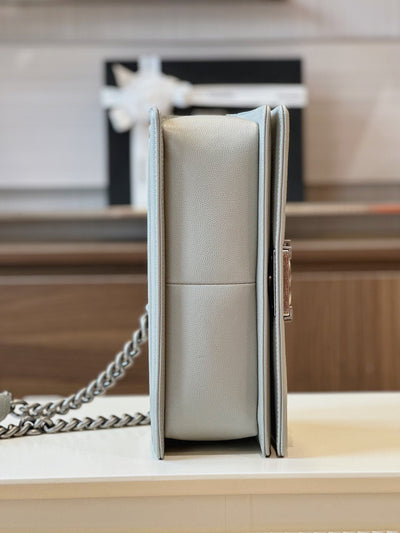 Chan*l boy medium handbags grey leather with silver lock 25cm - image 5