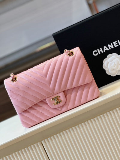 Chan*l classic handbags v-pattern pink lock gold 23cm - image 5