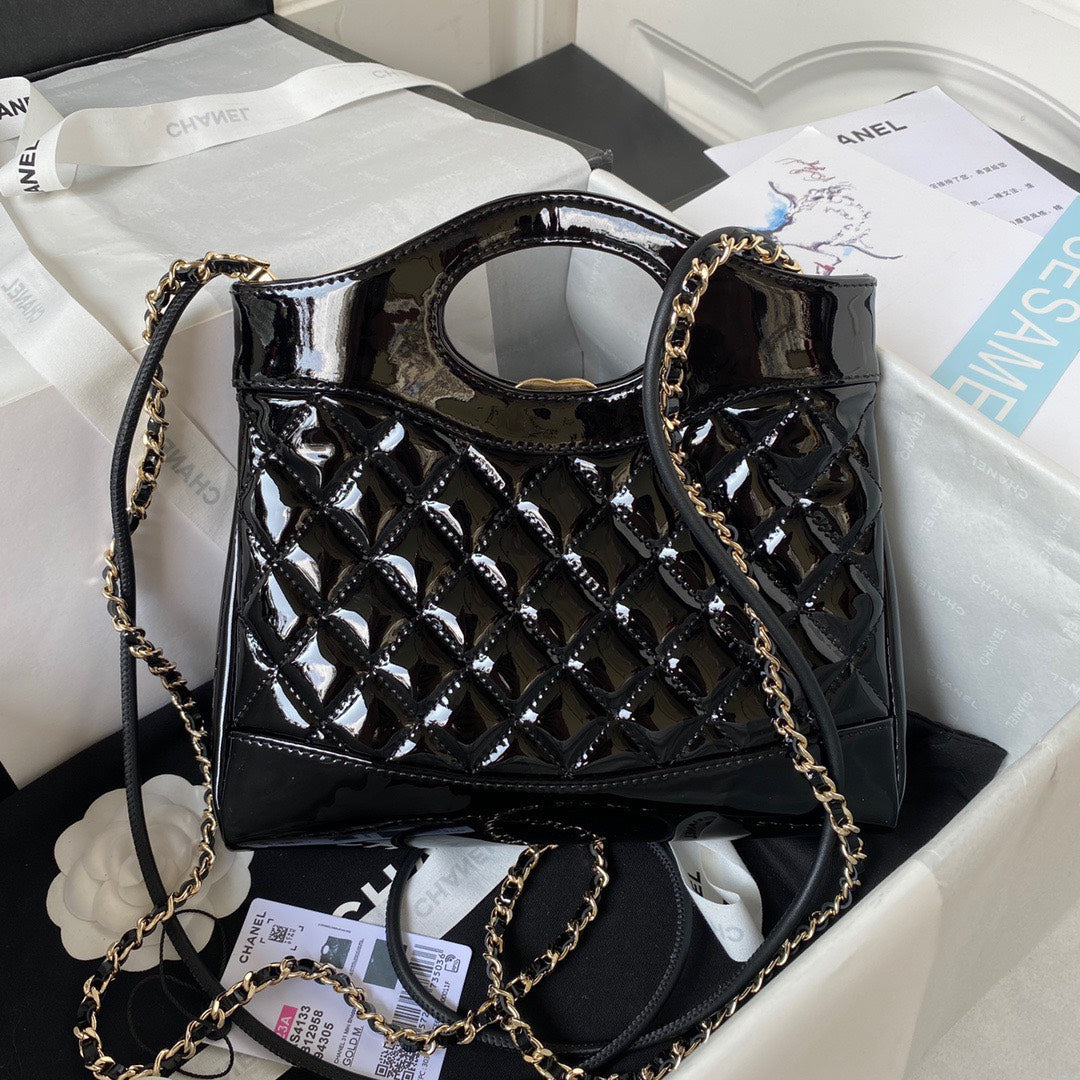 Chan*l mini shopping bag handbags shiny leather lock gold 31cm - image 5