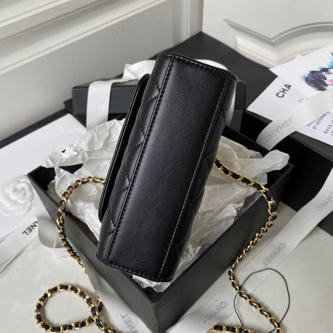 Chan*l woc pearl handle plated handbags black leather with lock gold 11.5×14.5×5.5cm - image 3