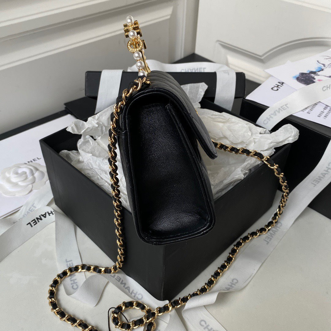 Chan*l woc pearl handle plated handbags black leather with lock gold 11.5×14.5×5.5cm - image 5