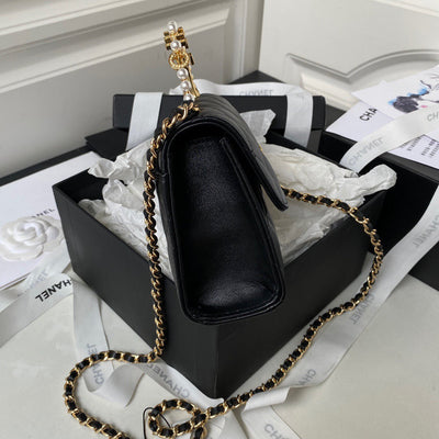 Chan*l woc pearl handle plated handbags black leather with lock gold 11.5×14.5×5.5cm - image 5