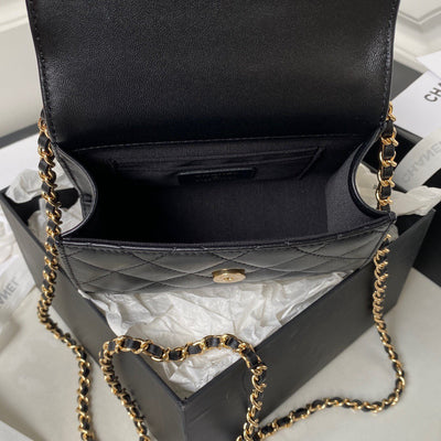 Chan*l woc pearl handle plated handbags black leather with lock gold 11.5×14.5×5.5cm - image 6