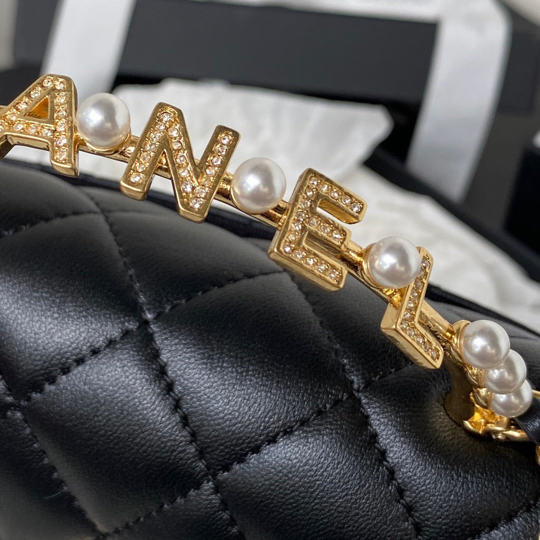 Chan*l woc pearl handle plated handbags black leather with lock gold 11.5×14.5×5.5cm - image 8