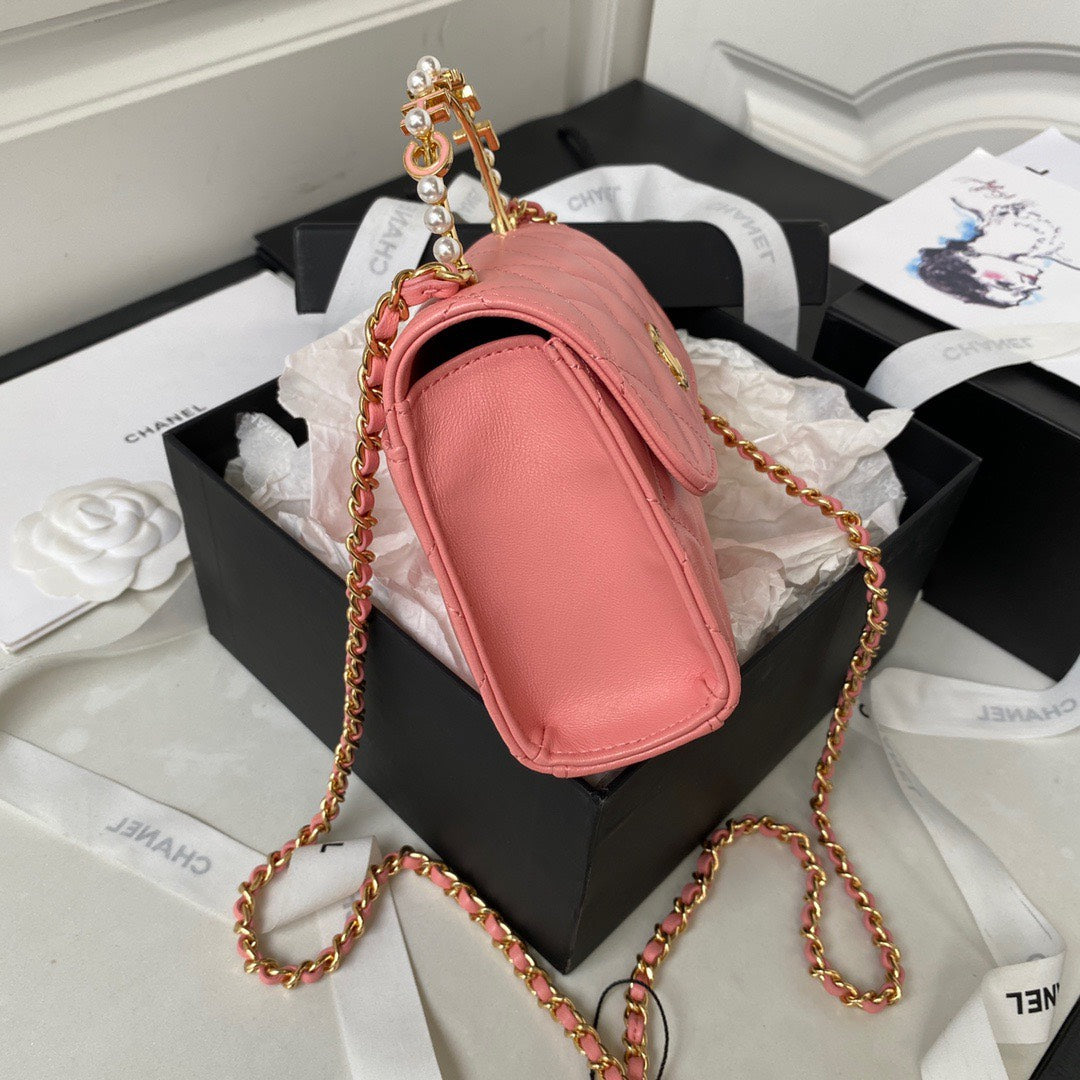 Chan*l woc pink handbags with pearl handle 11.5×14.5×5.5cm - image 6