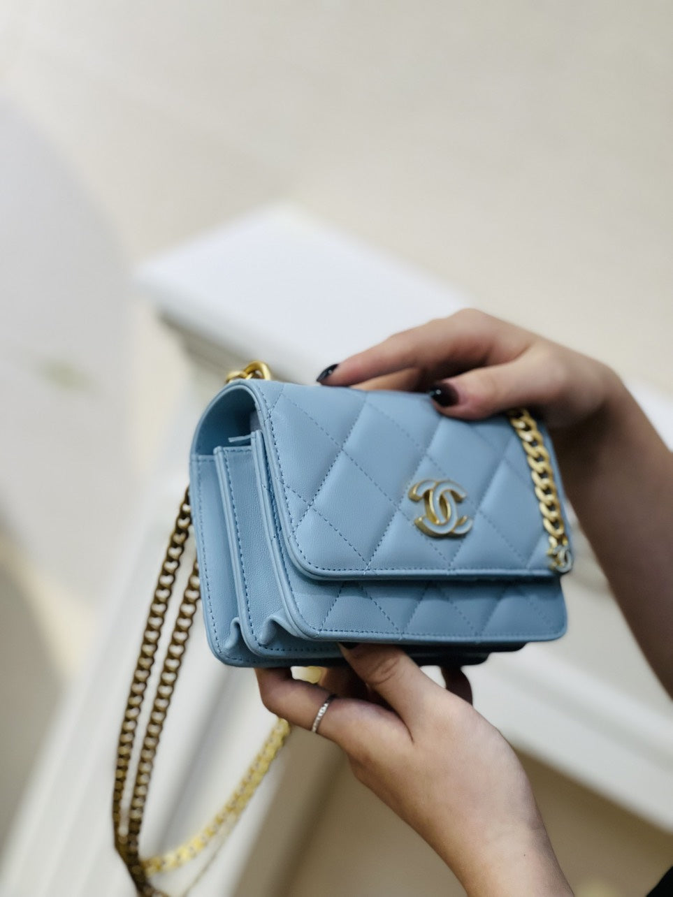 Chan*l woc mini 11 handbag woman’s blue smooth leather 15cm - image 4