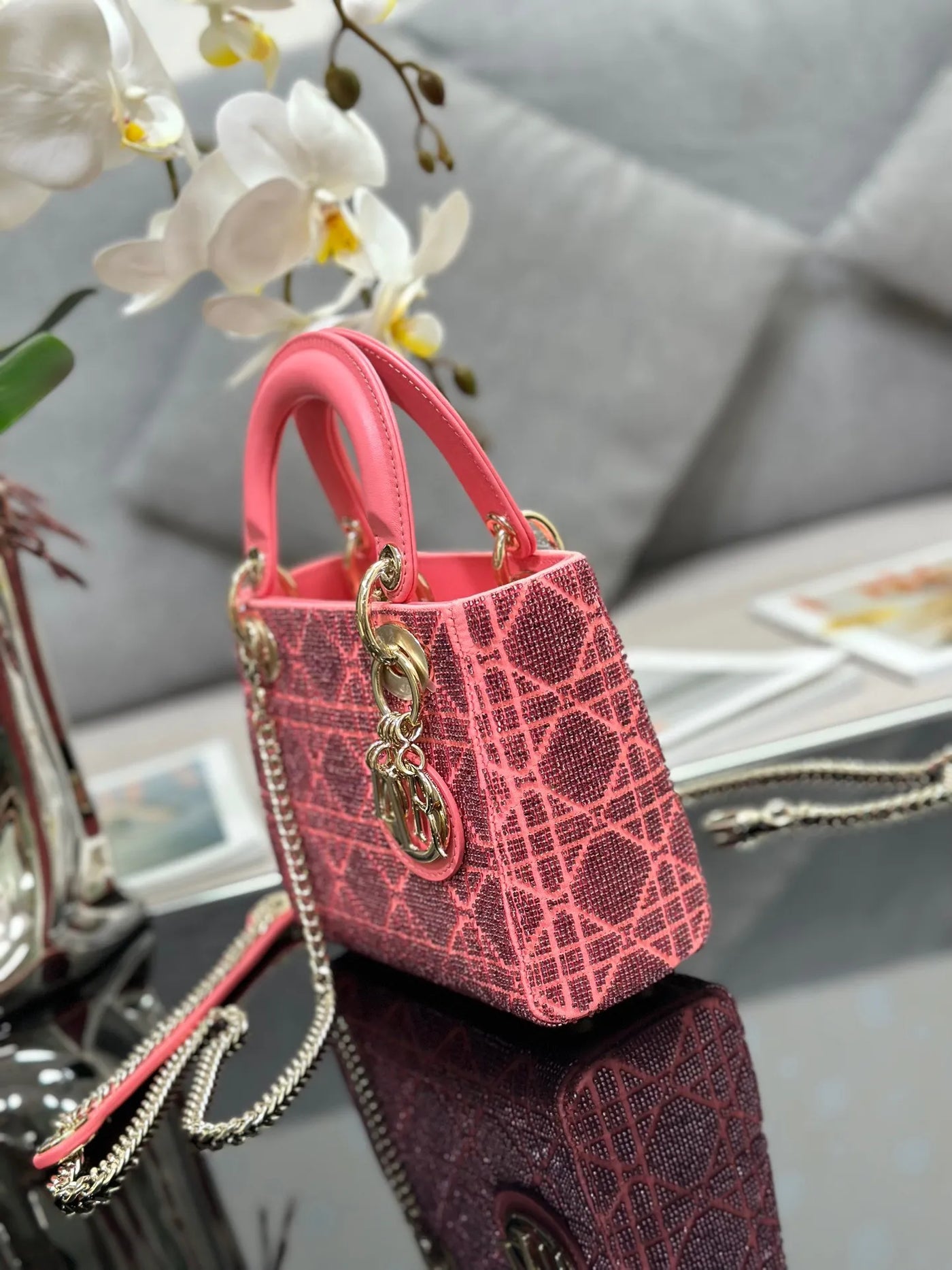 Di*r lady super pink handbag with beads 17x15x7cm - image 6