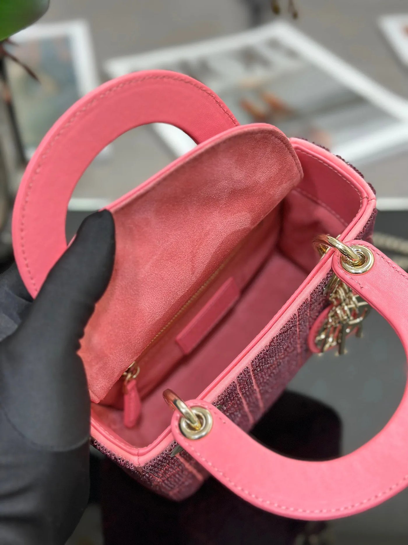 Di*r lady super pink handbag with beads 17x15x7cm - image 8