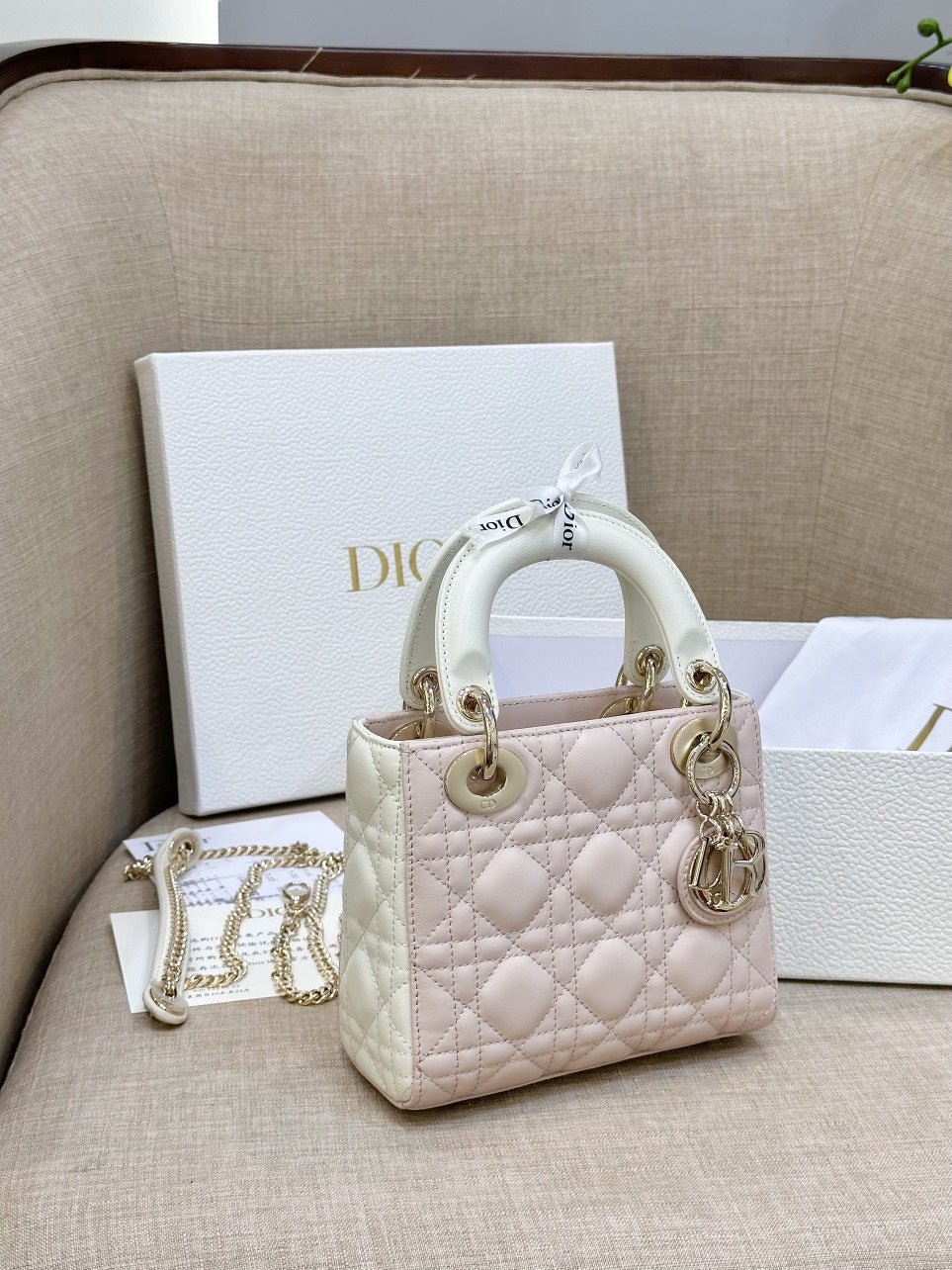 Di*r lady mini handbag for women pink cowhide like auth 18cm - image 2
