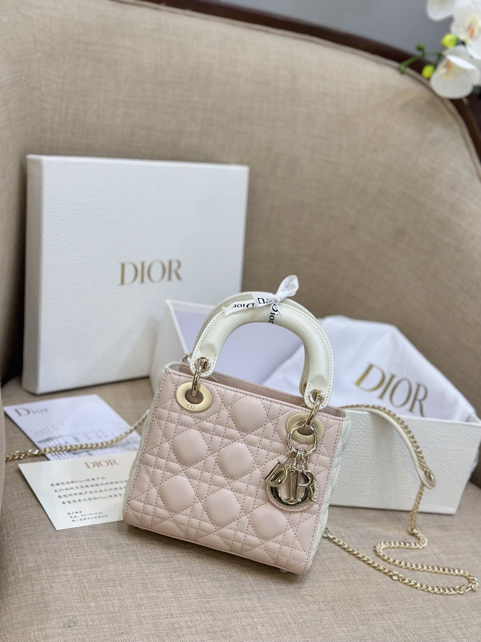 Di*r lady mini handbag for women pink cowhide like auth 18cm - image 4